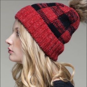 FUR LINED | Red buffalo plaid fur Pom beanie